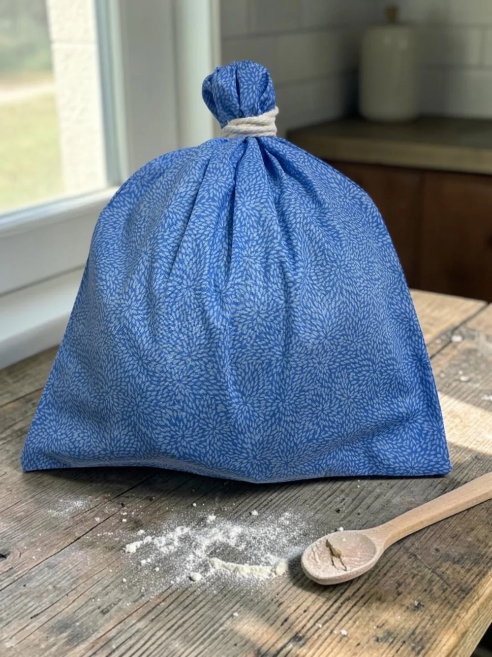 Blue Floral Organic Cotton Bread Bag, Reusable Bread Storage Bag, Sourdough Bag